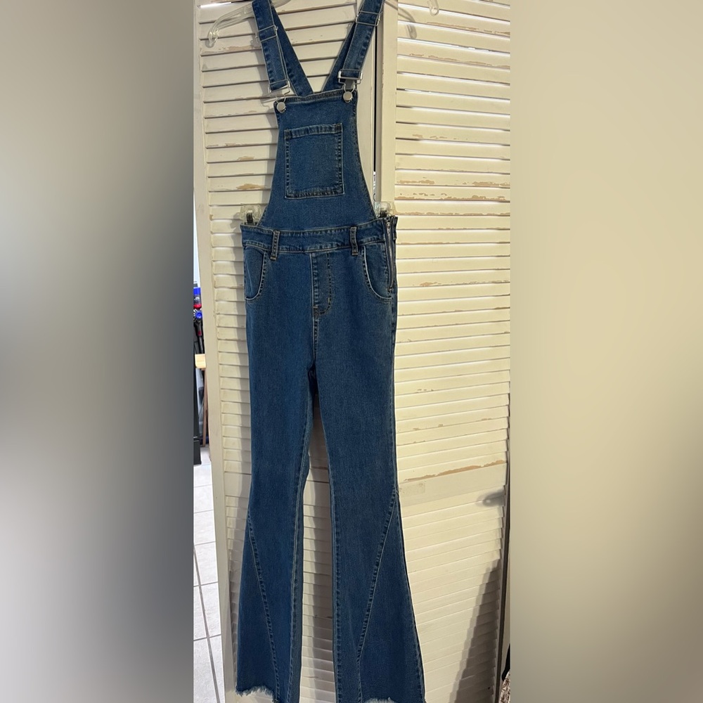Vici Dark Blue Denim Flared Overalls in Small - Picture 6 of 12